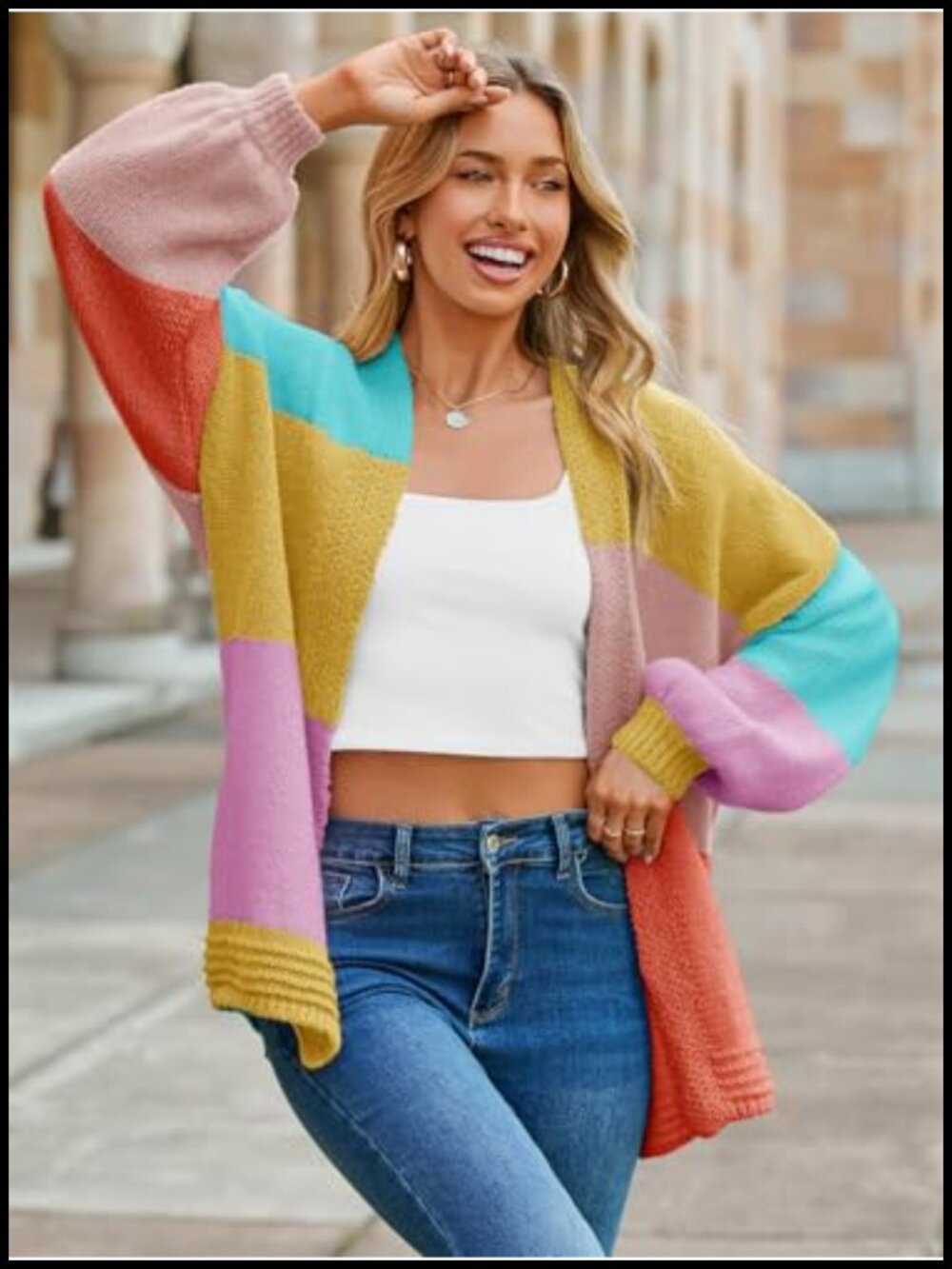 Women's Chunky Knit Cardigan Open Front Color Block Long Sleeve Oversized - Picture 4 of 6